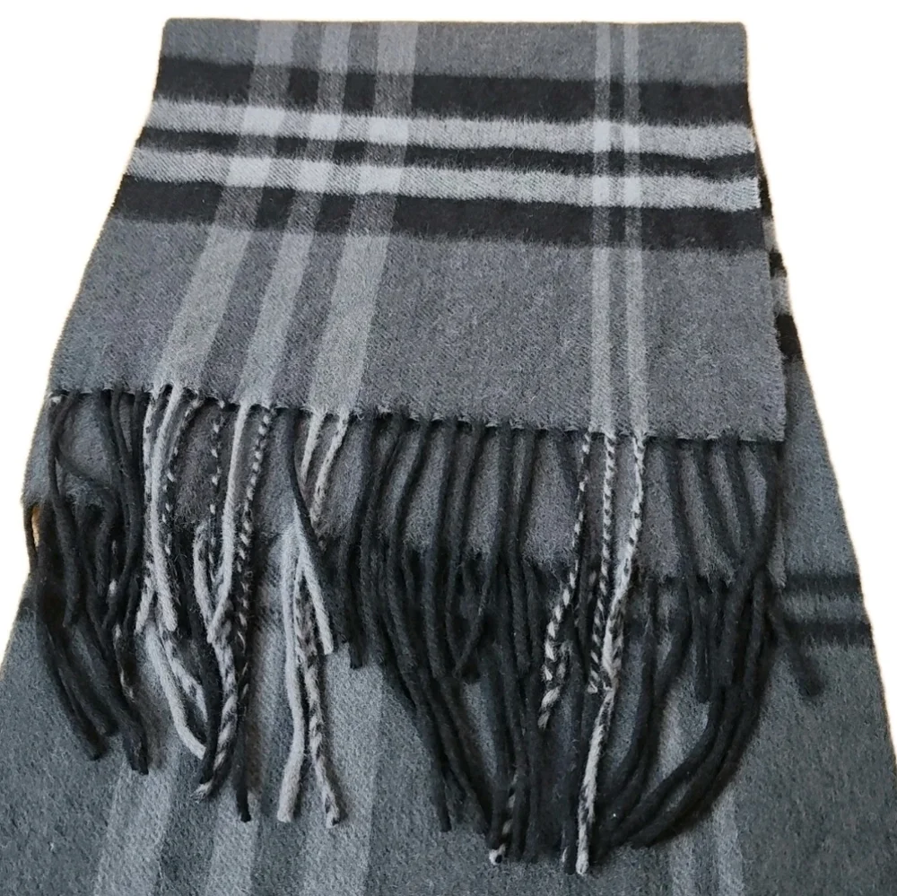 Enzo Montovani Fringed Cashmere Wool Men Long Neck Scarf Gray Windowpane Plaid